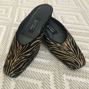 Stewart Weitzman Calf Hair  Flat Mules , Size 6B , Gold/Black Animal Print